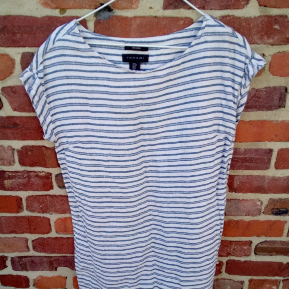Tahari S/S Linen Blue Stripe Pullover Crew Neck Blouse Top Shirt